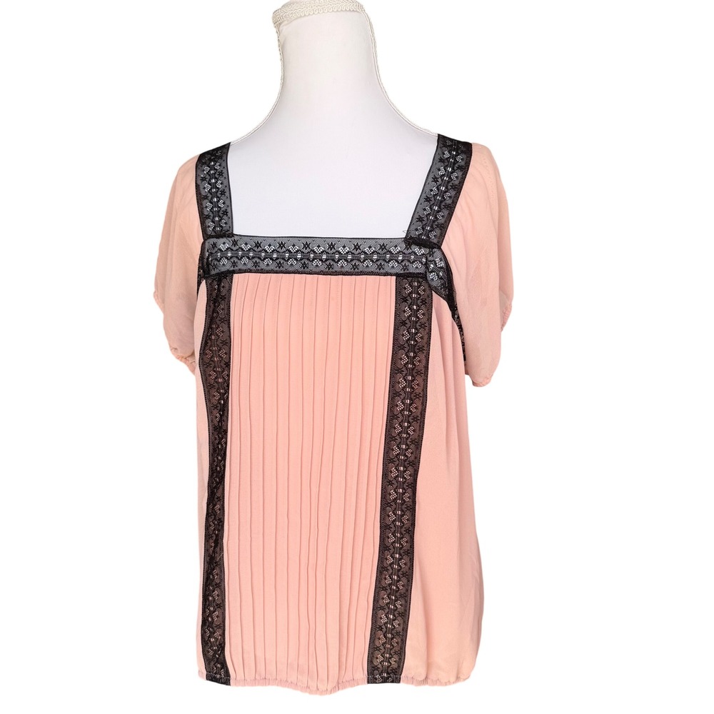 VTG Studio M Pleated Lace Trim Blouse‎ Square Neck Short Sleeve AM07X34 Womens M